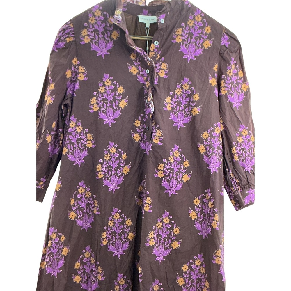 Entro Glinda Dress Brown Purple Floral Block Print Midi Ruffle Henley Large NEW - Picture 12 of 15
